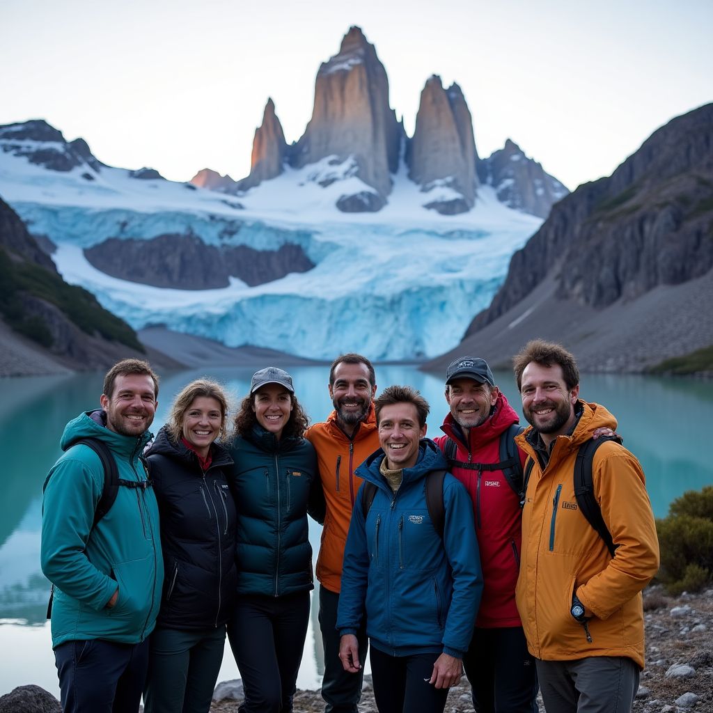 Equipo de Patagonia Aventura frente a montañas nevadas