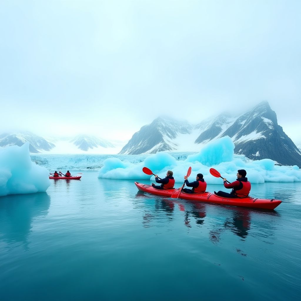 Kayakistas entre icebergs en lago patagónico